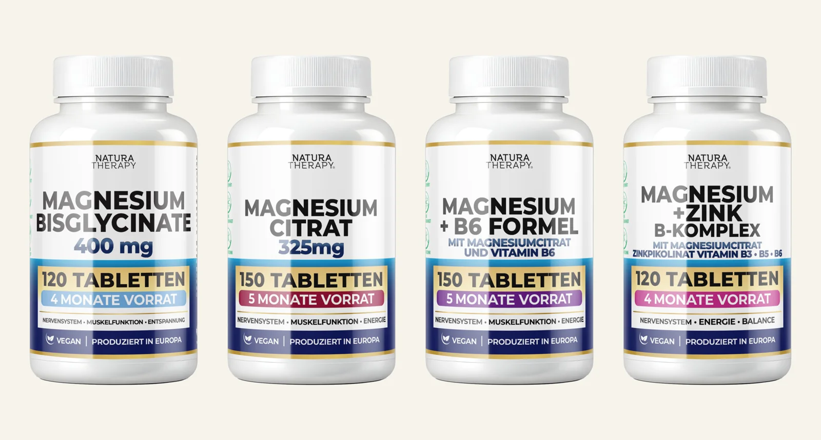 Четирите магнезиуми на NaturaTherapy: Magnesium Bisglycinate, Magnesium Citrat, Magnesium + B6 и Magnesium + Zinc + B-Complex