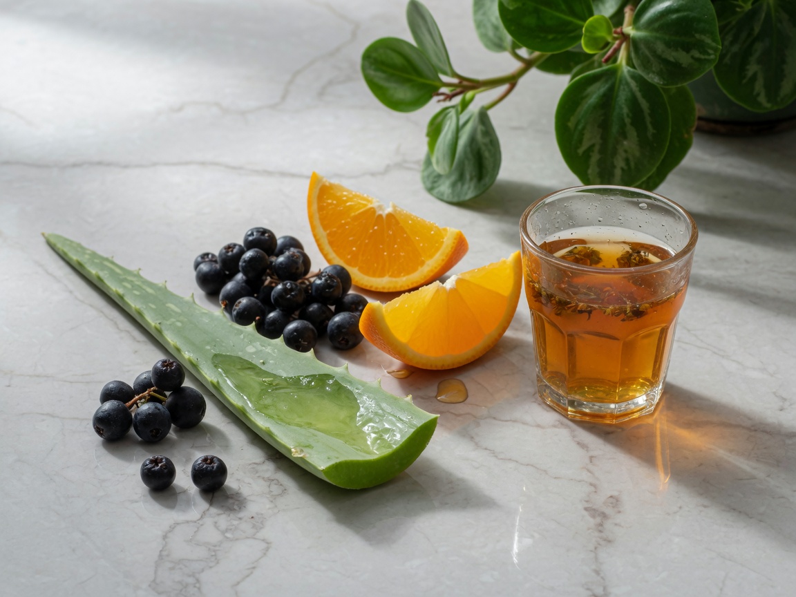 Gjethe e freskët aloe vera, aroni dhe portokall pranë një gote shurupi
