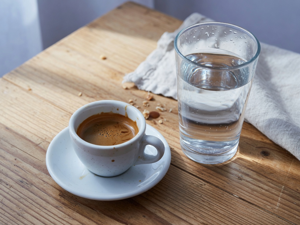 Filxhan kafeje pranë një gote uji në mëngjes